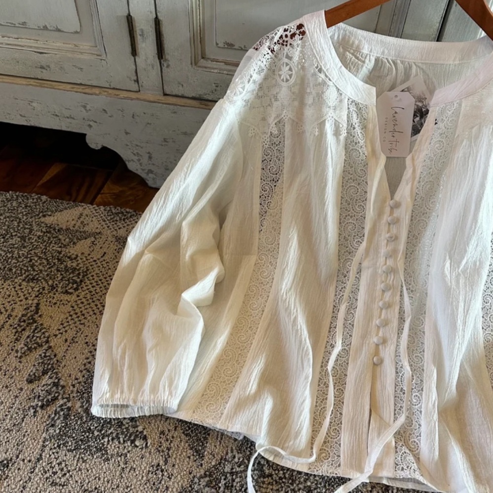 New White Lace Inset 3/4 Sleeve Button Front Floral Blouse Top Women's Boho - Picture 6 of 11